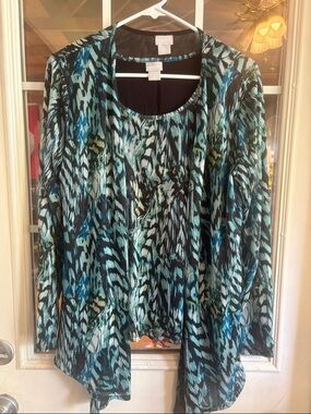 Chico's Teal Blue Black Printed Open-Front Tunic and Tank